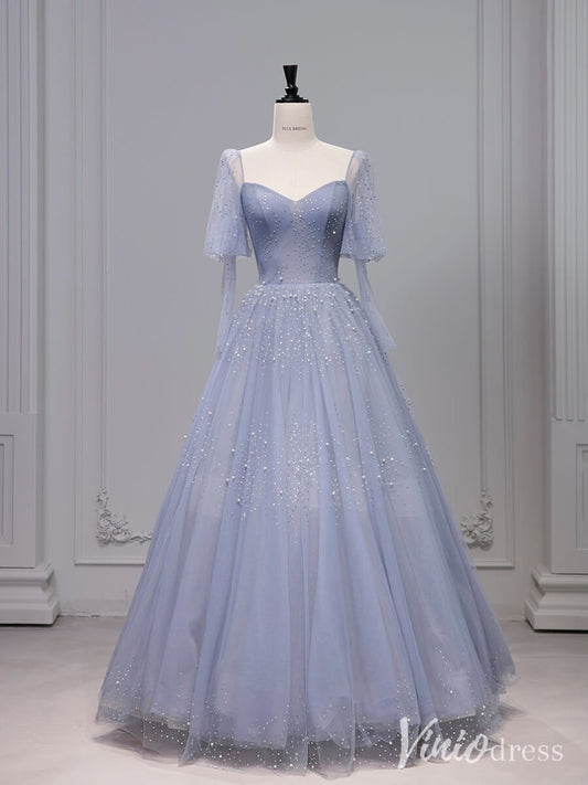 Dusty Blue Pearl Sweetheart Prom Dresses Puffed Sleeve Formal Dress AD1327-prom dresses 2025 -Viniodress-Dusty Blue-Custom Size-