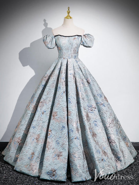 Dusty Blue Puffed Sleeve Prom Dresses Jacquard Satin Ball Gown AD1336-prom dresses 2025 -Viniodress-Dusty Blue-Custom Size-