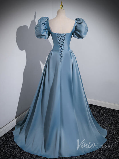 Dusty Blue Satin Prom Dresses Puffed Sleeve Formal Gown 90055-prom dresses 2025 -Viniodress-Blue-Custom Size-