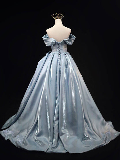 Dusty Blue Satin Prom Dresses with 3D Flower, Off the Shouler Quinceanera Dresses SU021-prom dresses 2025 -Viniodress-Blue-Custom Size-