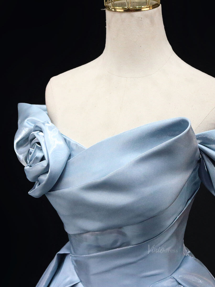 Dusty Blue Satin Prom Dresses with 3D Flower, Off the Shouler Quinceanera Dresses SU021-prom dresses 2025 -Viniodress-Blue-Custom Size-