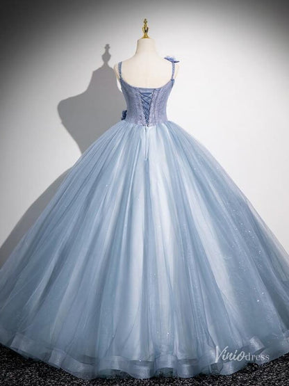Dusty Blue Spaghetti Strap Prom Ball Gown 3D Flower Sparkly Quinceanera Dresses BG037-prom dresses 2025 -Viniodress-Dusty Blue-Custom Size-