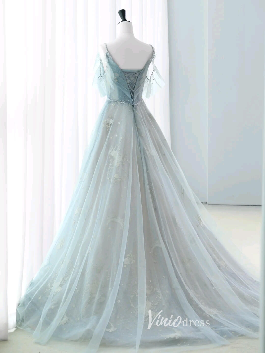 Dusty Blue Spaghetti Strap Prom Dresses Sparkly Tulle Formal Dress AD1039-prom dresses 2025 -Viniodress-Dusty Blue-Custom Size-
