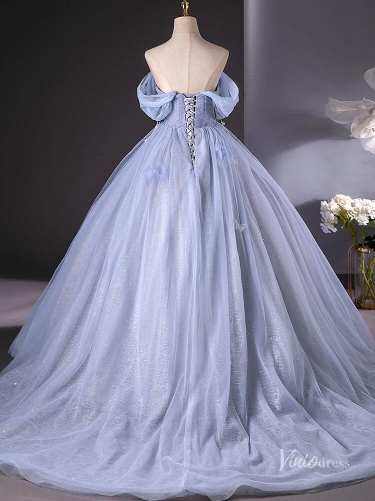 Dusty Blue Sparkly Off the Shoulder Prom Ball Gown Pearl Bow Tie Quinc – Viniodress