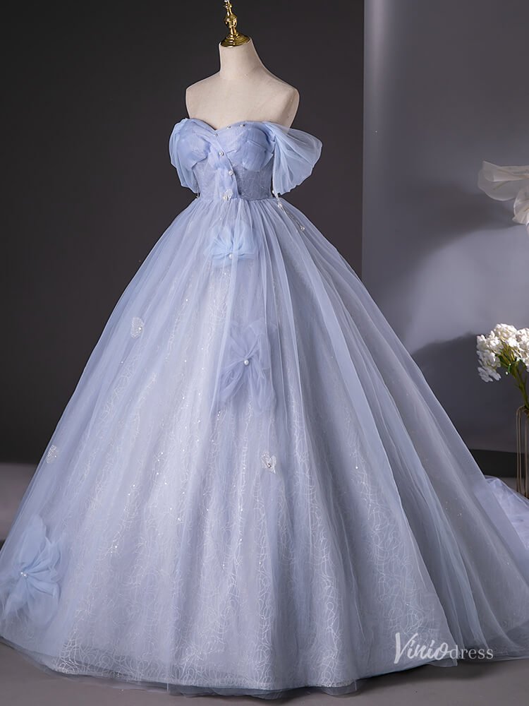 Dusty Blue Sparkly Off the Shoulder Prom Ball Gown Pearl Bow Tie Quinceanera Dresses BG015-prom dresses 2025 -Viniodress-Dusty Blue-Custom Size-