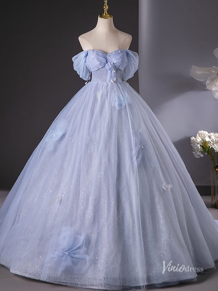 Dusty Blue Sparkly Off the Shoulder Prom Ball Gown Pearl Bow Tie Quinceanera Dresses BG015-prom dresses 2025 -Viniodress-Dusty Blue-Custom Size-