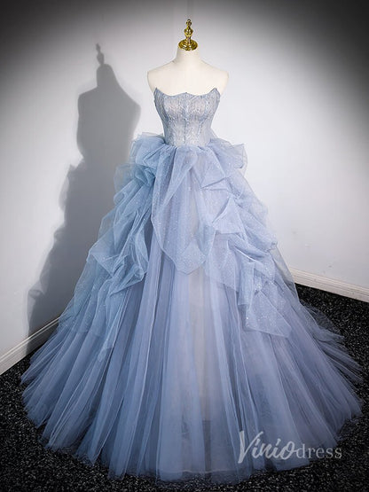 Dusty Blue Sparkly Tiered Tulle Prom Dresses Removable Puffed Sleeve 90040-prom dresses 2025 -Viniodress-Dusty Blue-Custom Size-