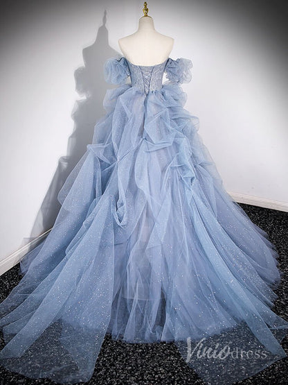 Dusty Blue Sparkly Tiered Tulle Prom Dresses Removable Puffed Sleeve 90040-prom dresses 2025 -Viniodress-Dusty Blue-Custom Size-