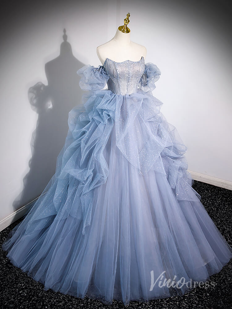 Dusty Blue Sparkly Tiered Tulle Prom Dresses Removable Puffed Sleeve 90040-prom dresses 2025 -Viniodress-Dusty Blue-Custom Size-