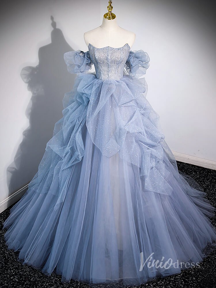 Dusty Blue Sparkly Tiered Tulle Prom Dresses Removable Puffed Sleeve 90040-prom dresses 2025 -Viniodress-Dusty Blue-Custom Size-