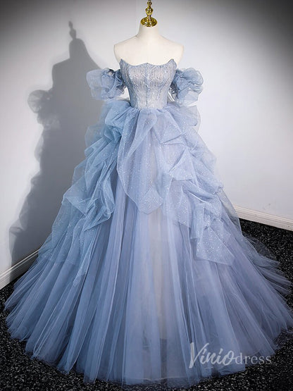 Dusty Blue Sparkly Tiered Tulle Prom Dresses Removable Puffed Sleeve 90040-prom dresses 2025 -Viniodress-Dusty Blue-Custom Size-