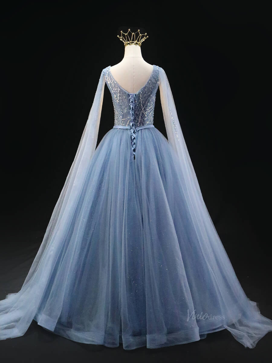 Dusty Blue Sparkly Tulle Prom Dresses with Extra Long Sleeve, Beaded B – Viniodress
