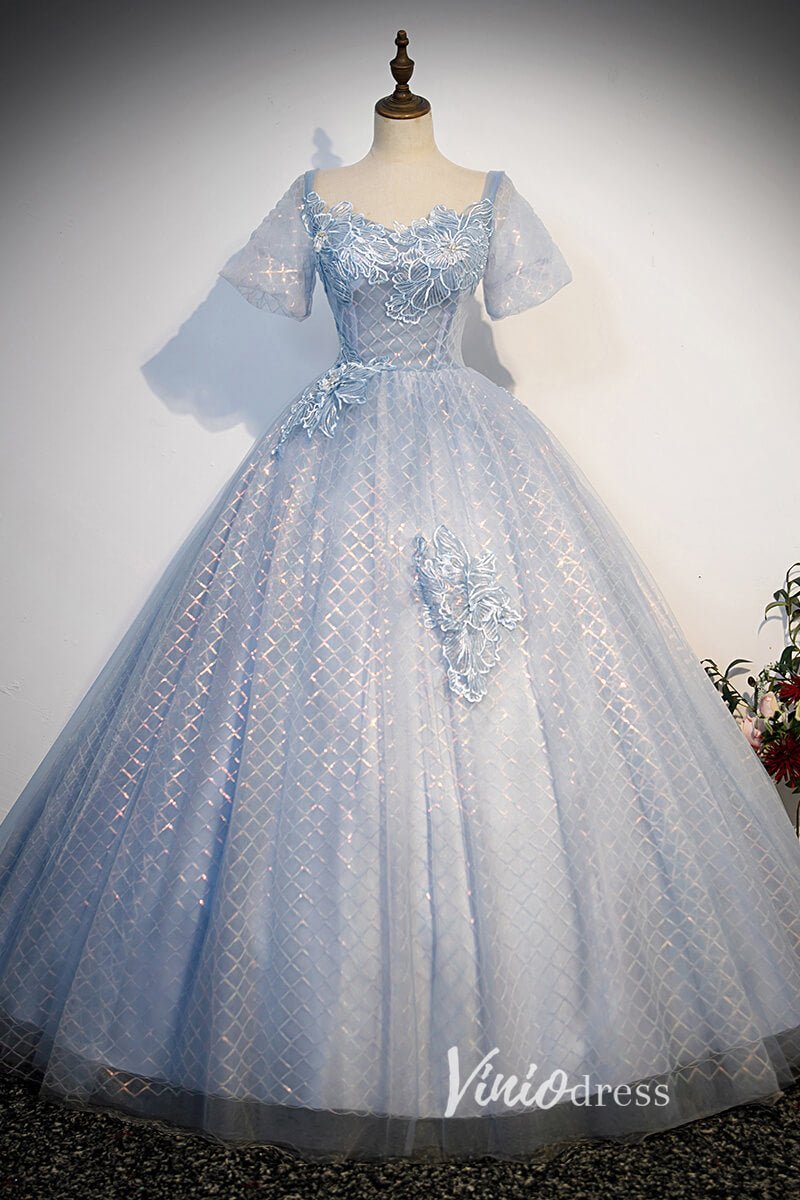 Dusty Blue Sparkly Tulle Prom Dresses with Puffed Sleeve FD3526-prom dresses 2025 -Viniodress-Dusty Blue-Custom Size-Ball Gown