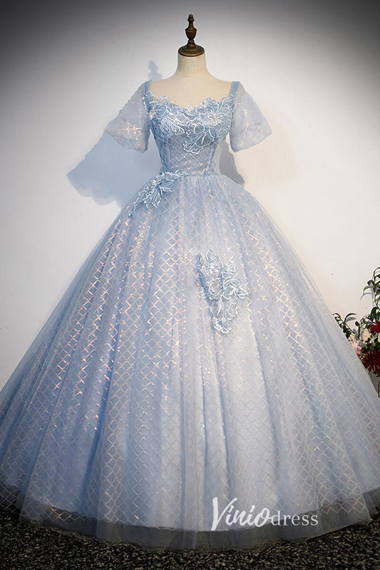 Dusty Blue Sparkly Tulle Prom Dresses with Puffed Sleeve FD3526-prom dresses 2025 -Viniodress-Dusty Blue-Custom Size-Ball Gown