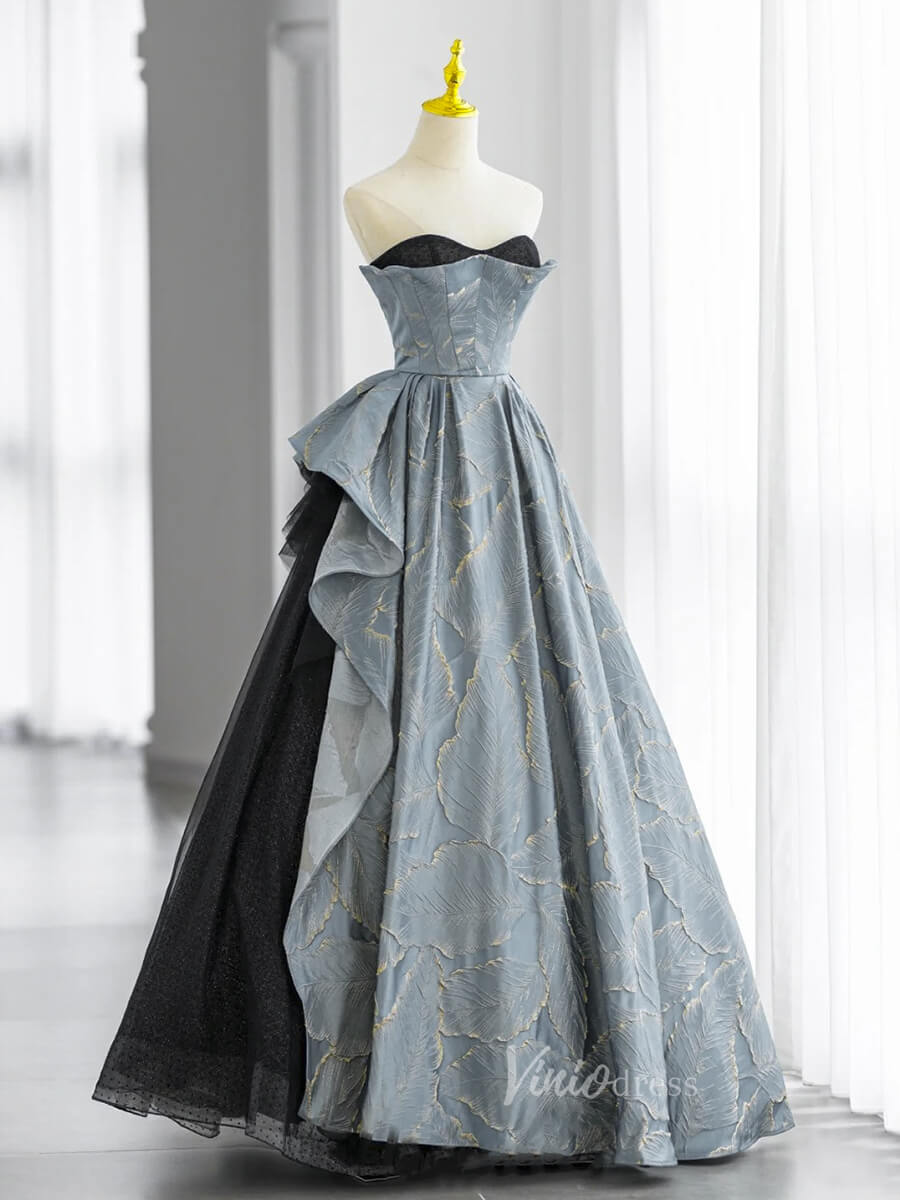 Dusty Blue Strapless Prom Dresses Jacquard Satin Formal Gown FD3239-prom dresses 2025 -Viniodress-Dusty Blue-Custom Size-
