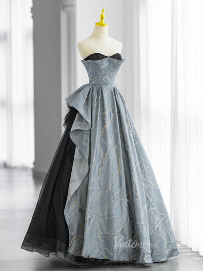 Dusty Blue Strapless Prom Dresses Jacquard Satin Formal Gown FD3239-prom dresses 2025 -Viniodress-Dusty Blue-Custom Size-