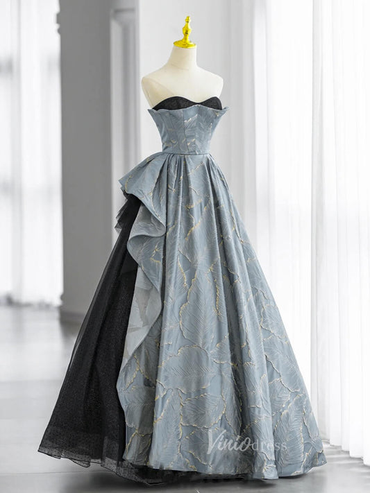 Dusty Blue Strapless Prom Dresses Jacquard Satin Formal Gown FD3239-prom dresses 2025 -Viniodress-Dusty Blue-Custom Size-