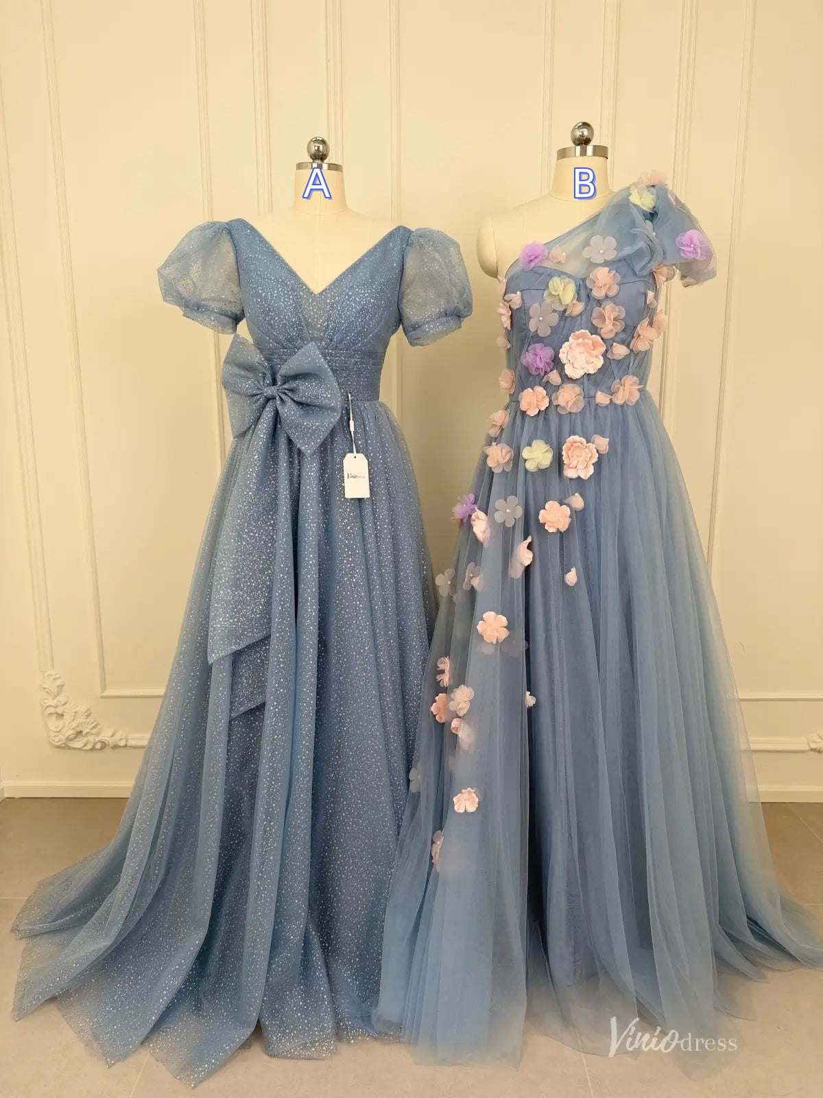 Dusty Blue Tulle Prom Dress with Pink Flowers & Pockets