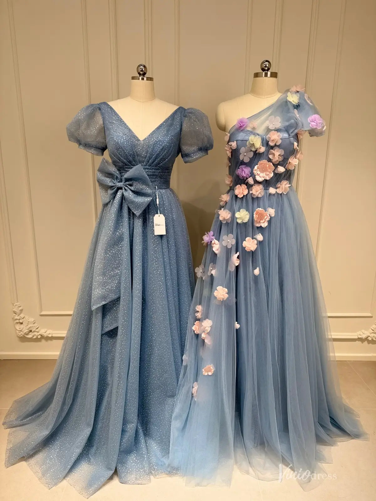 Dusty Blue Tulle Prom Dress with Pink Flowers & Pockets