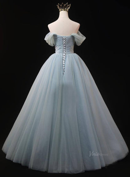 Dusty Blue Tulle Prom Dresses with Beaded Ruched Bodice, Off the Shouler Quince Dresses SU007-prom dresses 2025 -Viniodress-Blue-Custom Size-