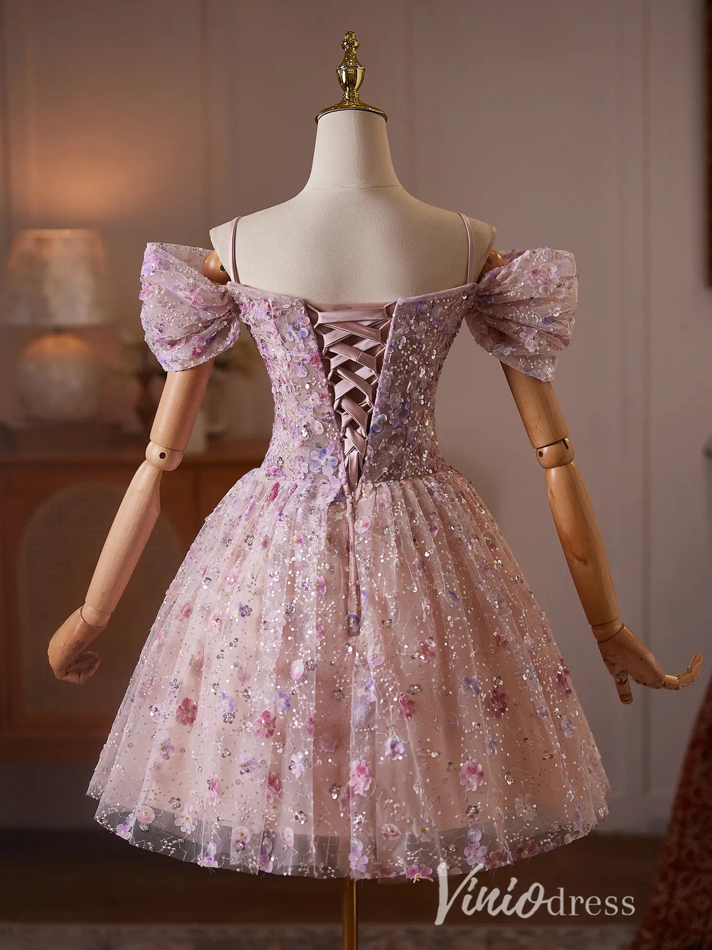 Dusty Pink Floral Sequin Corset Hoco Dress with Puff Sleeves – Viniodress