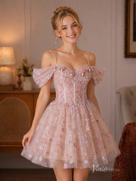 Dusty Pink Floral Sequin Corset Hoco Dress with Puff Sleeves – Viniodress