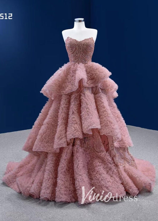Dusty Rose Pink Ruffle Dress Layered Pageant Gown Wedding Dresses 67512-Quinceanera Dresses 2025 -Viniodress-Dusty Rose-Custom Size-