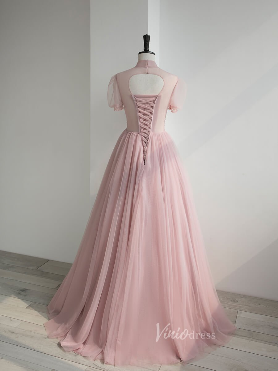 Dusty Pink Tulle Prom Dresses Short Sleeve Formal Dress FD3230-prom dresses 2025 -Viniodress-Pink-Custom Size-