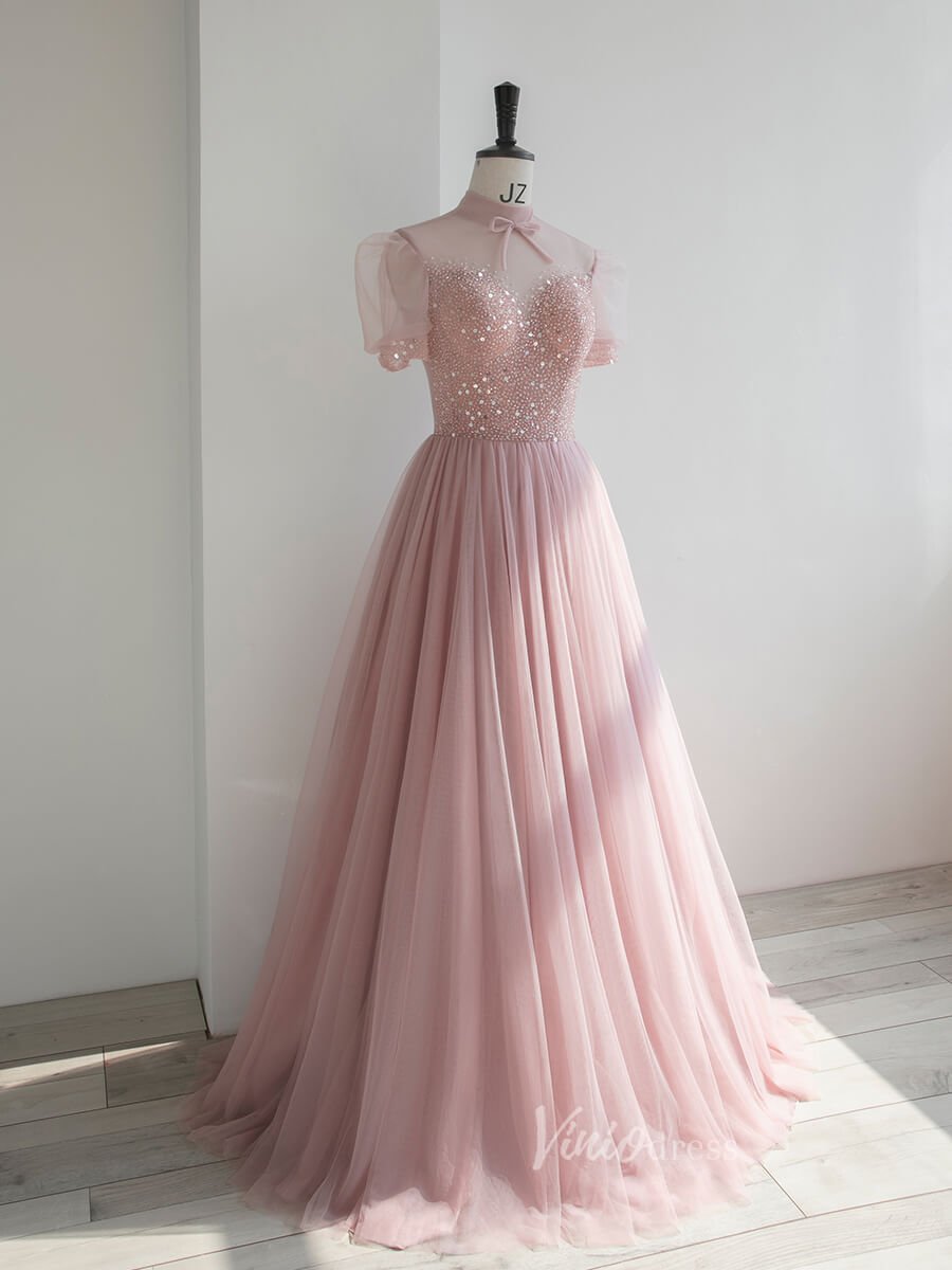 Dusty Pink Tulle Prom Dresses Short Sleeve Formal Dress FD3230-prom dresses 2025 -Viniodress-Pink-Custom Size-