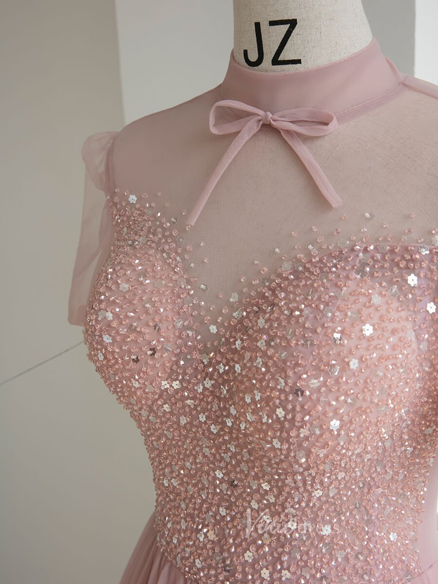 Dusty Pink Tulle Prom Dresses Short Sleeve Formal Dress FD3230-prom dresses 2025 -Viniodress-Pink-Custom Size-