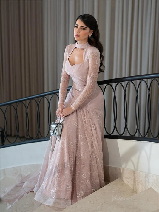 Dusty Rose Lace Prom Dresses 2025 with Long Sleeve & High Neck – FD5203-prom dresses 2025 -Viniodress-Dusty Rose-Custom Size-