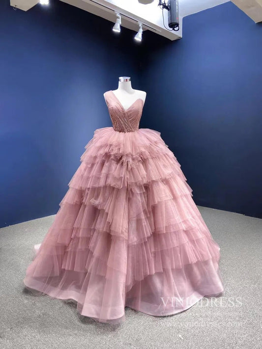 Dusty Rose Quinceanera Dresses One Shoulder Red Tulle Ball Gowns Viniodress viniodress-Quinceanera Dresses 2025 -Viniodress-Dusty Rose-Custom Size-