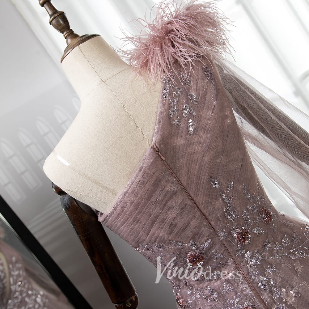 Dusty Rose Tulle Prom Dresses One Shoulder Feather Long Sleeve Evening Gown 20037-Evening Dresses 2025 -Viniodress-Dusty Rose-US 2-