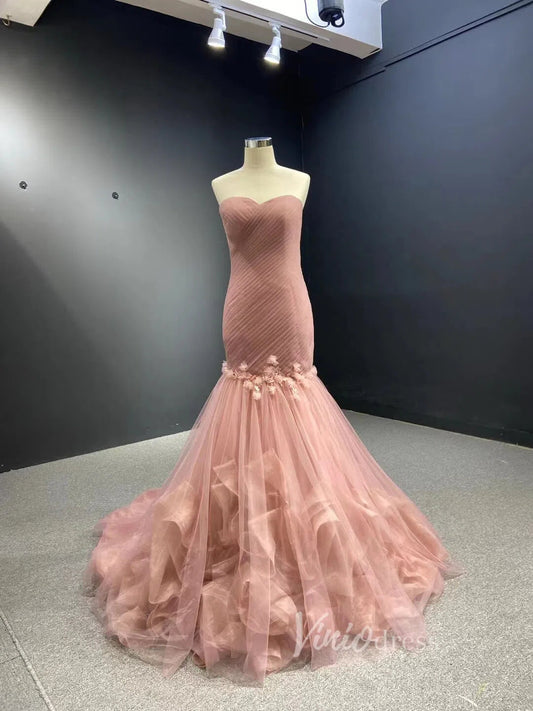 Dusty Rose Tulle Strapless Mermaid Prom Dresses with Train 66930-prom dresses 2025 -Viniodress-Dusty Rose-Custom Size-