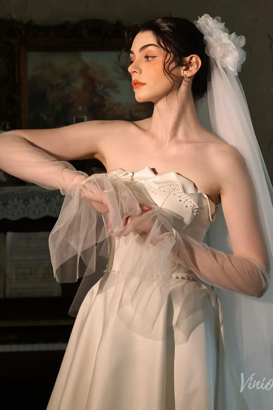 Elbow Bridal Gloves Flare Sleeves with Pearl Cuff WG211-Bridal Gloves 2026-Viniodress-Ivory-