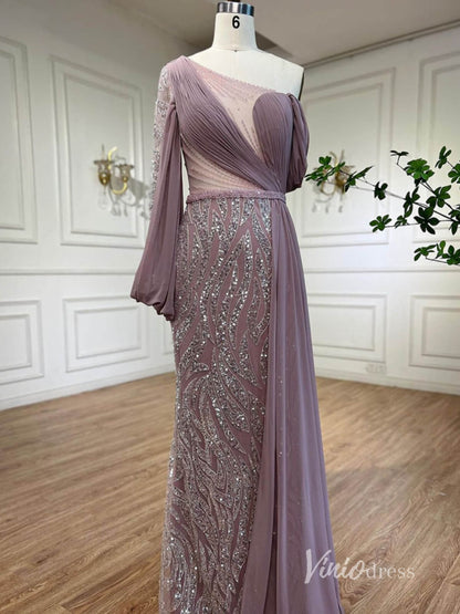 Elegant Beaded Evening Dresses One Shoulder Sheath Mother of the Bride Dresses AD1121-Evening Dresses 2025 -Viniodress-Light Blue-US 2-