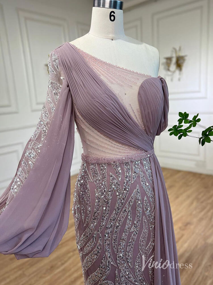Elegant Beaded Evening Dresses One Shoulder Sheath Mother of the Bride Dresses AD1121-Evening Dresses 2025 -Viniodress-Light Blue-US 2-