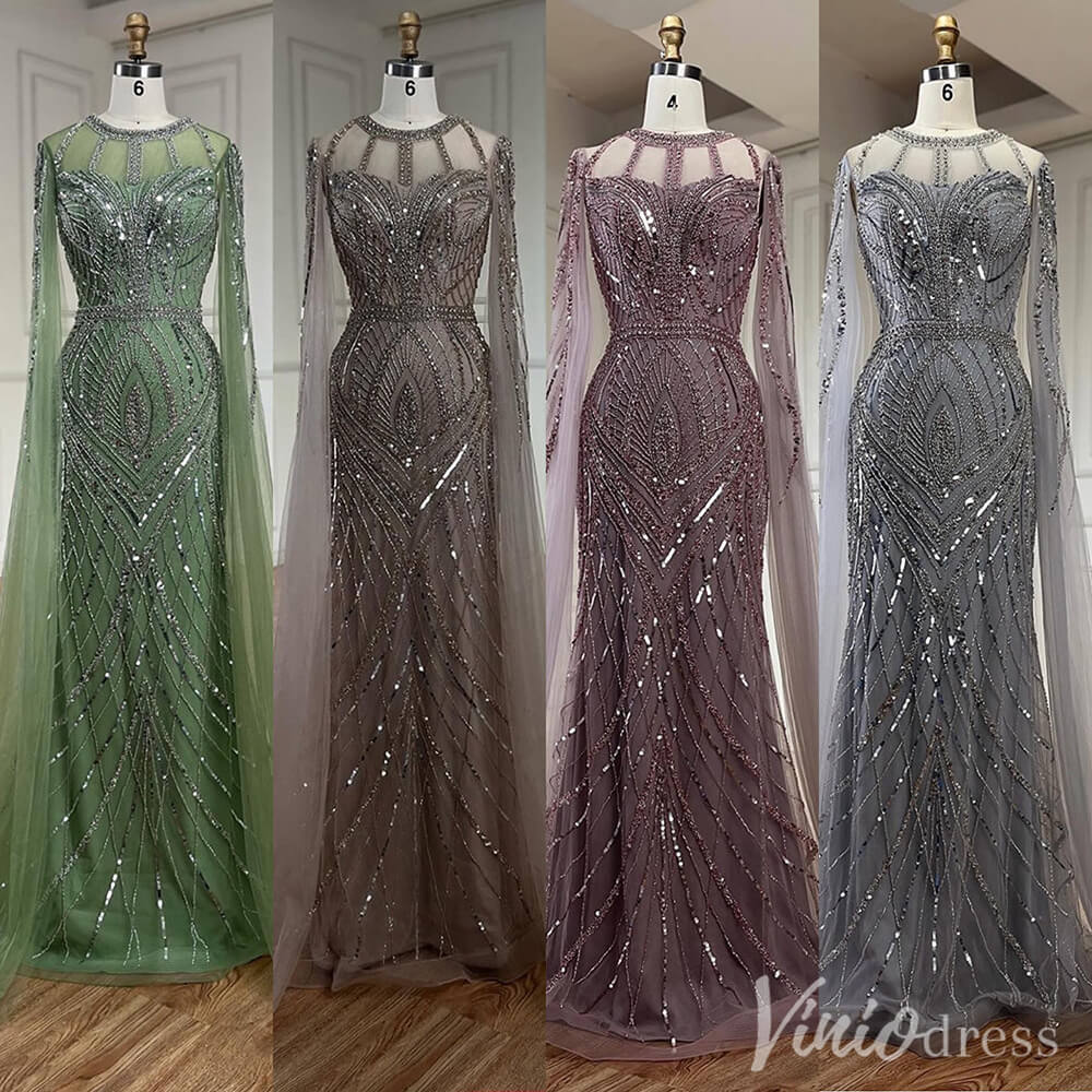 Elegant Beaded Lace Sheath Prom Dresses Extra Long Sleeve Pageant Dress 20213-Evening Dresses 2025 -Viniodress-Mauve-US 2-