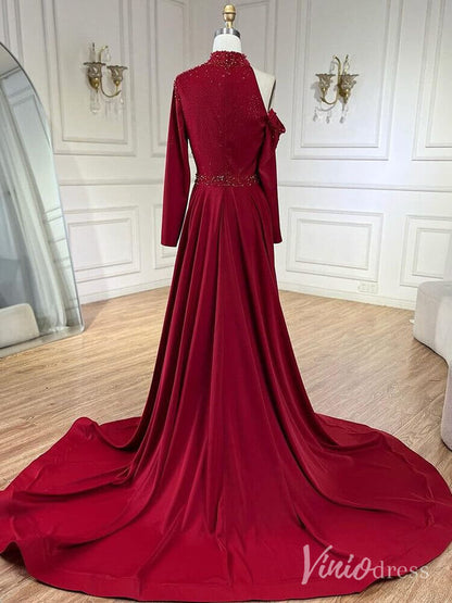 Elegant Beaded Mermaid Prom Dresses with Overskirt Long Sleeve Pageant Dress AD1238-Evening Dresses 2025 -Viniodress-Magenta-US 2-