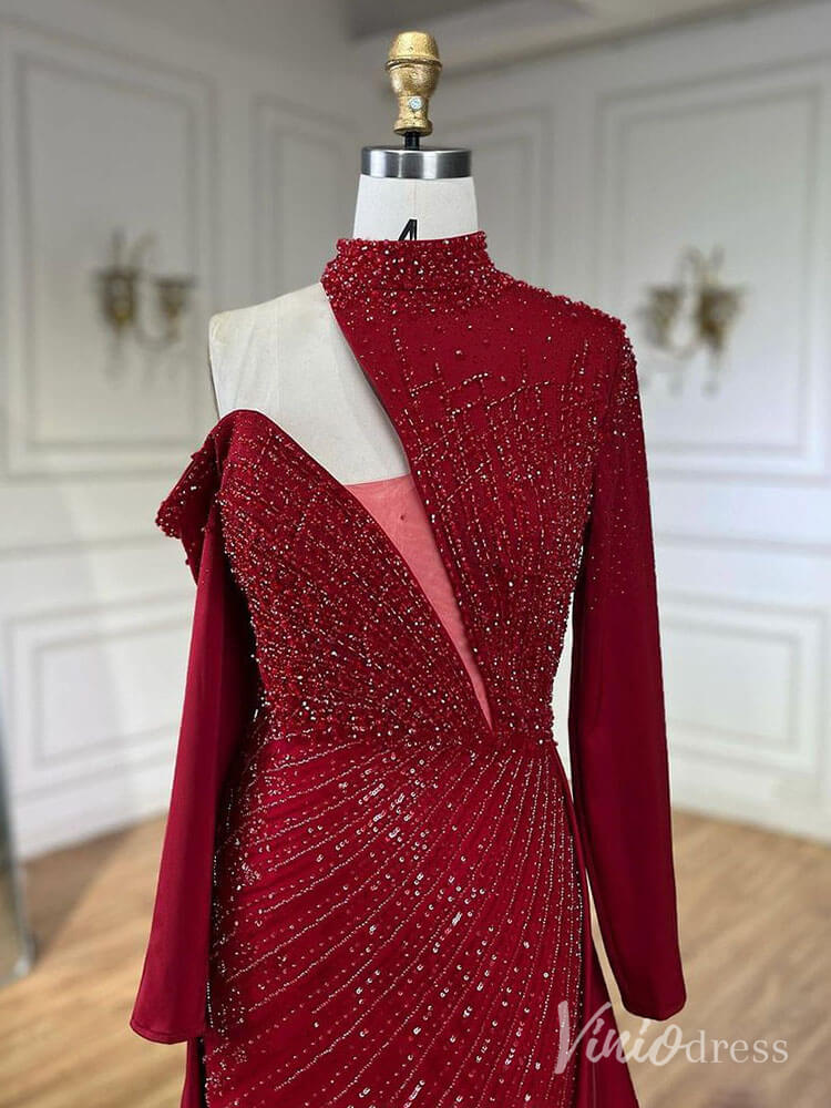 Elegant Beaded Mermaid Prom Dresses with Overskirt Long Sleeve Pageant Dress AD1238-Evening Dresses 2025 -Viniodress-Magenta-US 2-