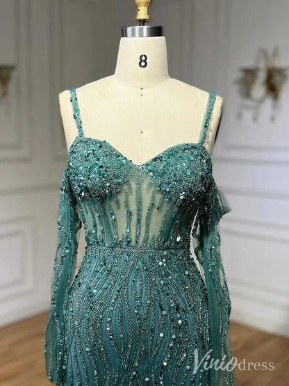 Elegant Beaded Sheath Prom Dresses Spaghetti Strap Long Sleeve Pageant Dress AD1237-Evening Dresses 2025 -Viniodress-Grey-US 2-