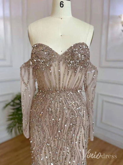 Elegant Beaded Sheath Prom Dresses Spaghetti Strap Long Sleeve Pageant Dress AD1237-Evening Dresses 2025 -Viniodress-Grey-US 2-
