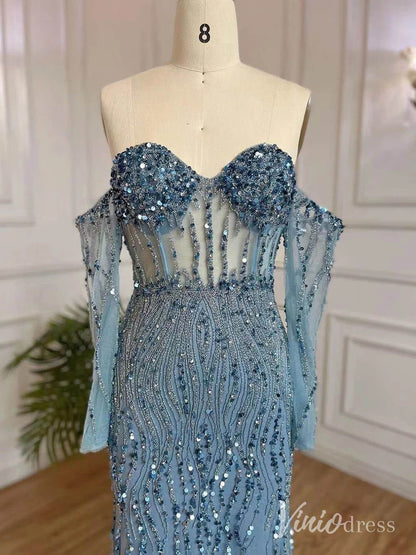 Elegant Beaded Sheath Prom Dresses Spaghetti Strap Long Sleeve Pageant Dress AD1237-Evening Dresses 2025 -Viniodress-Grey-US 2-