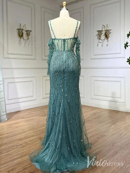 Elegant Beaded Sheath Prom Dresses Spaghetti Strap Long Sleeve Pageant Dress AD1237-Evening Dresses 2025 -Viniodress-Grey-US 2-