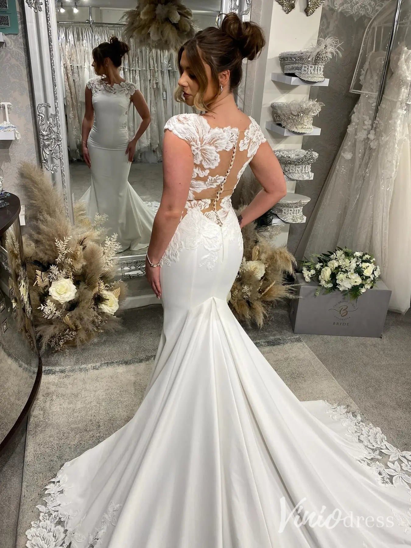 Elegant Crepe Mermaid Wedding Dress with Cap Sleeve, Illusion Back and Floral Lace Chapel Train – ML125