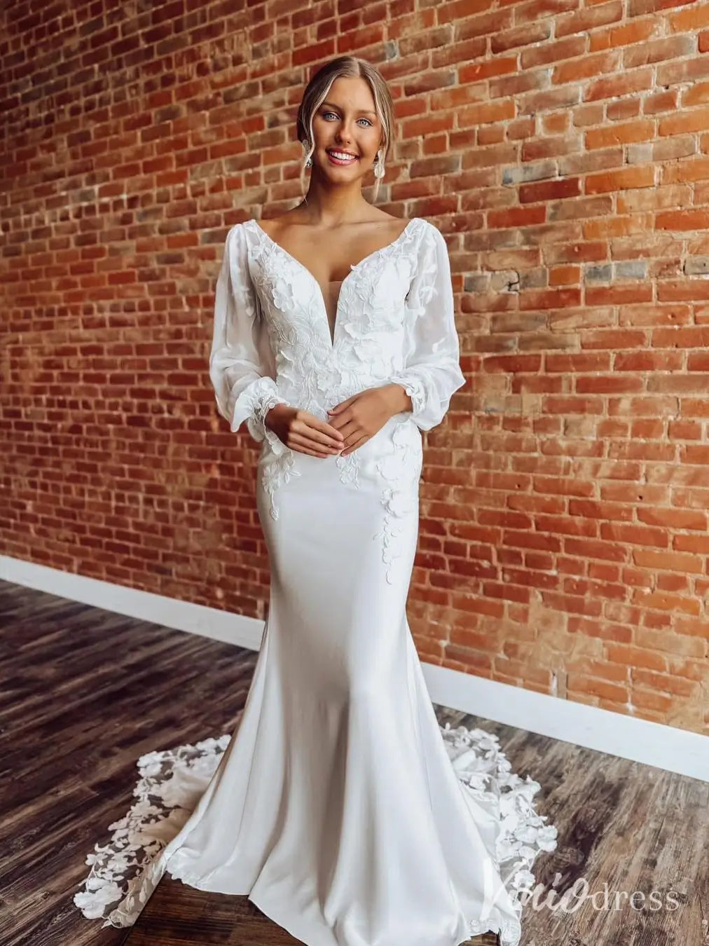 Crepe Mermaid Wedding Dress with Deep V-Neck and Lace Sleeves – ML126 – Viniodress
