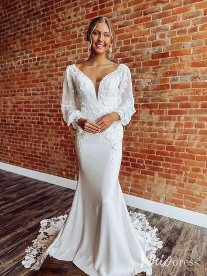 Elegant Crepe Mermaid Wedding Dress with Long Sleeves, Floral Lace Appliqué and – ML126-wedding dresses 2025 -Viniodress-Ivory-Custom Size-