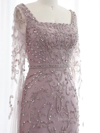 Elegant Draped Sleeve Prom Dresses Sparkly Beaded Formal Dresses, Square Neck BD042-Evening Dresses 2025 -Viniodress-Light Green-US 2-