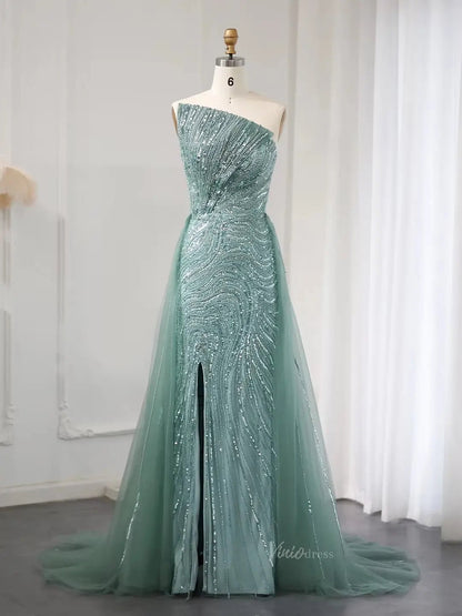 Elegant Fuchsia Long Prom Dresses Overskirt Beaded Formal Dresses with Slit BD047-Evening Dresses 2025 -Viniodress-Light Green-US 2-