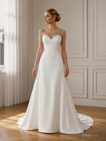 MN174 white A-line wedding dress with long illusion sleeves, beaded neckline, and a clean satin skirt.
